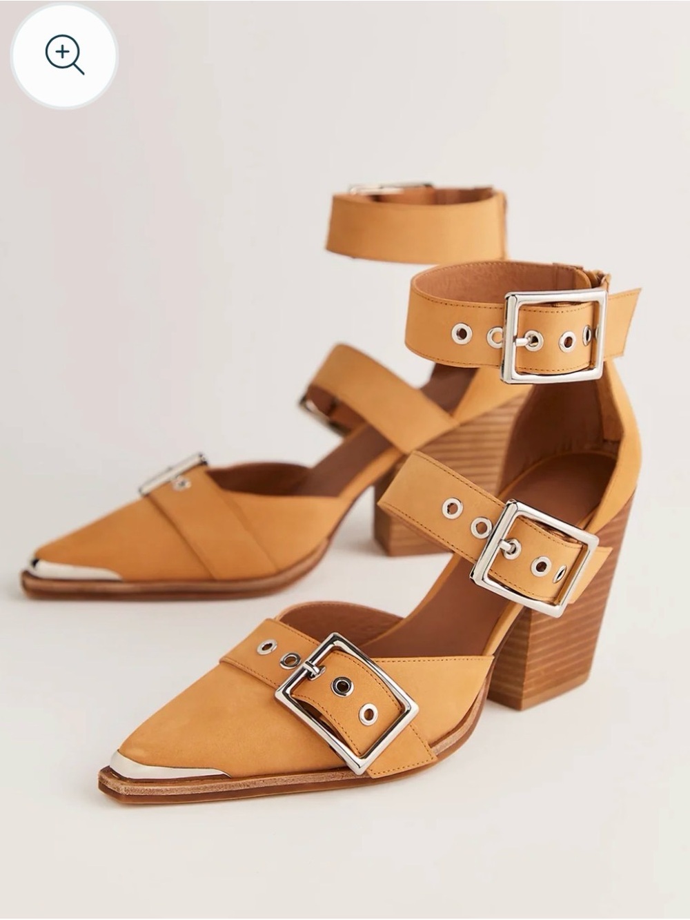 Free People Tan Buckle Pointed Block Heel Sandals